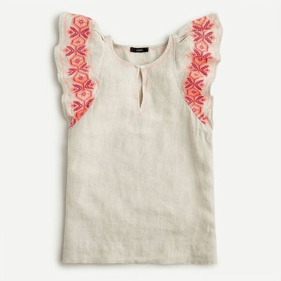 J.Crew Tops - J. Crew Embroidered Linen Keyhole Flutter Sleeve Top Women's Size Large